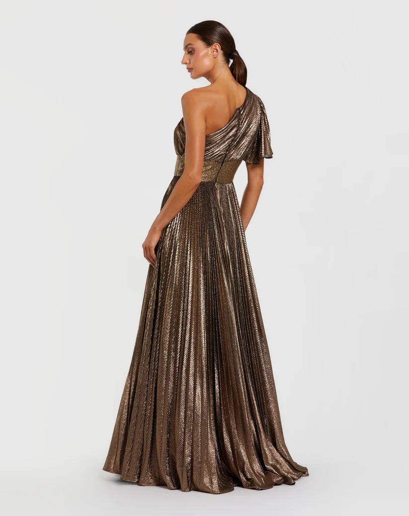 Mac Duggal Brown One Shoulder Pleated Metallic Ball Gown - Dani Dyers