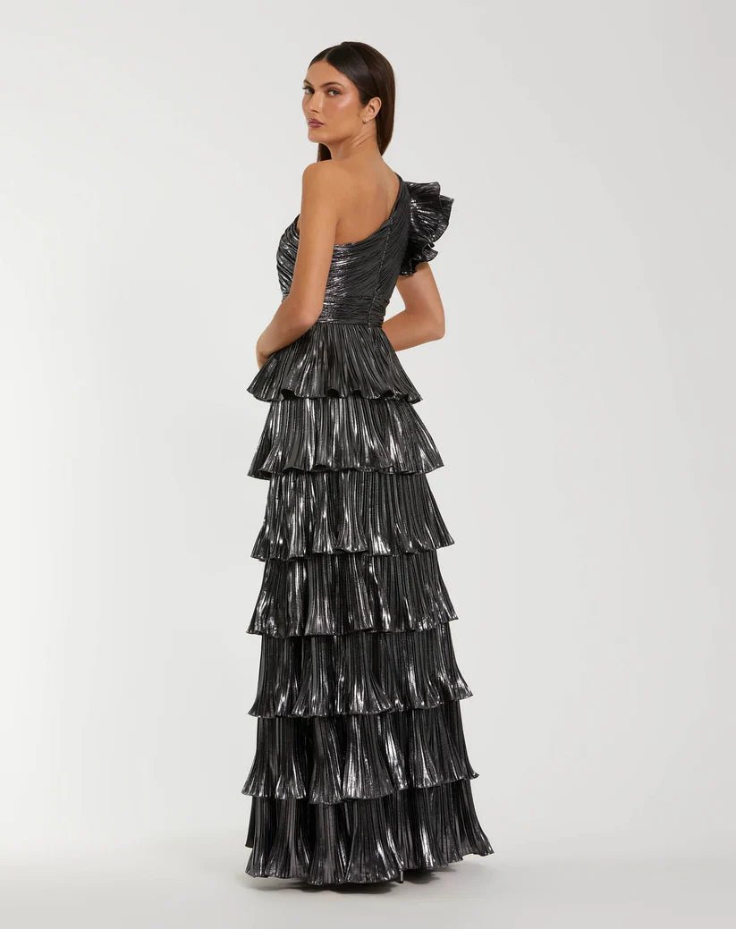 Mac Duggal Dark Gray Pleated Metallic Ruffled One Shoulder Gown - Dani Dyers