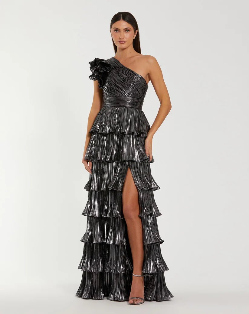 Mac Duggal Dark Gray Pleated Metallic Ruffled One Shoulder Gown - Dani Dyers