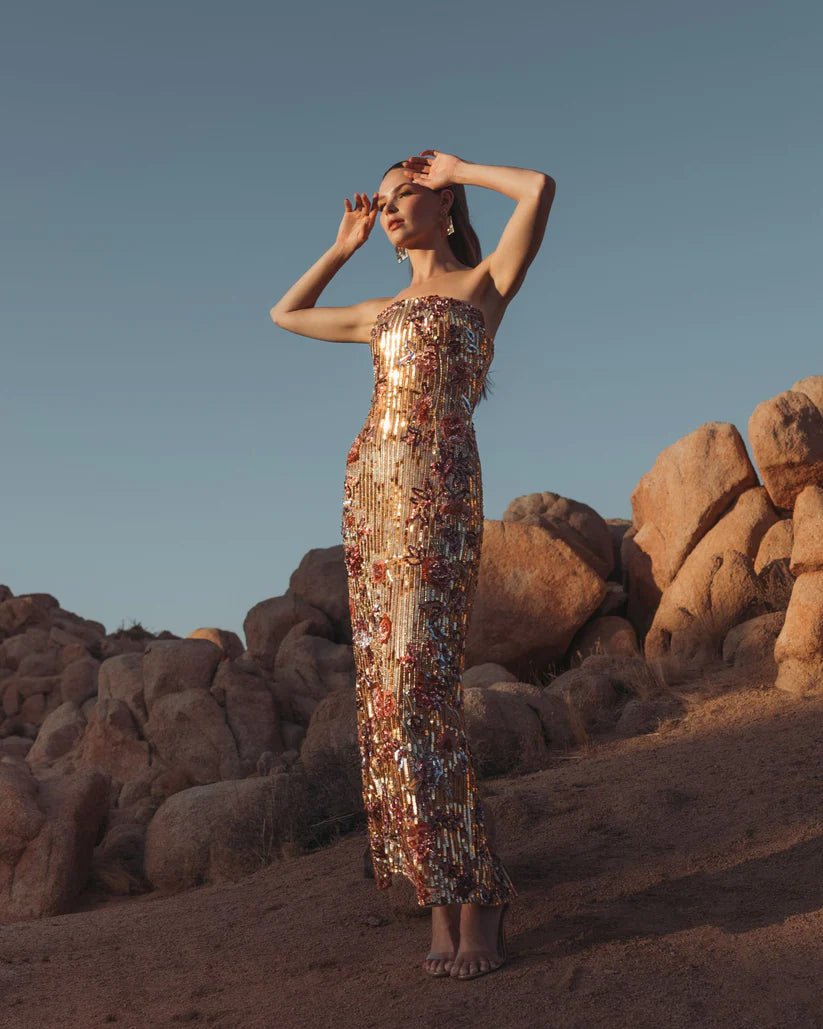 Mac Duggal Gold Floral Embellished Strapless Column Dress - Dani Dyers