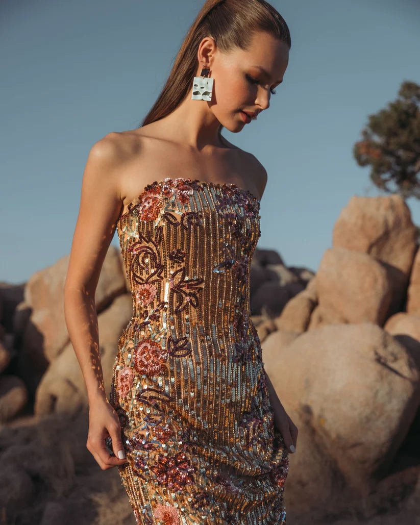 Mac Duggal Gold Floral Embellished Strapless Column Dress - Dani Dyers