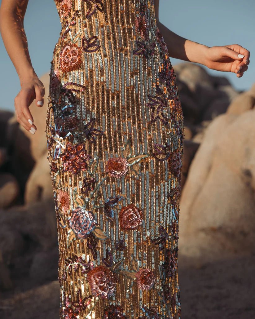 Mac Duggal Gold Floral Embellished Strapless Column Dress - Dani Dyers