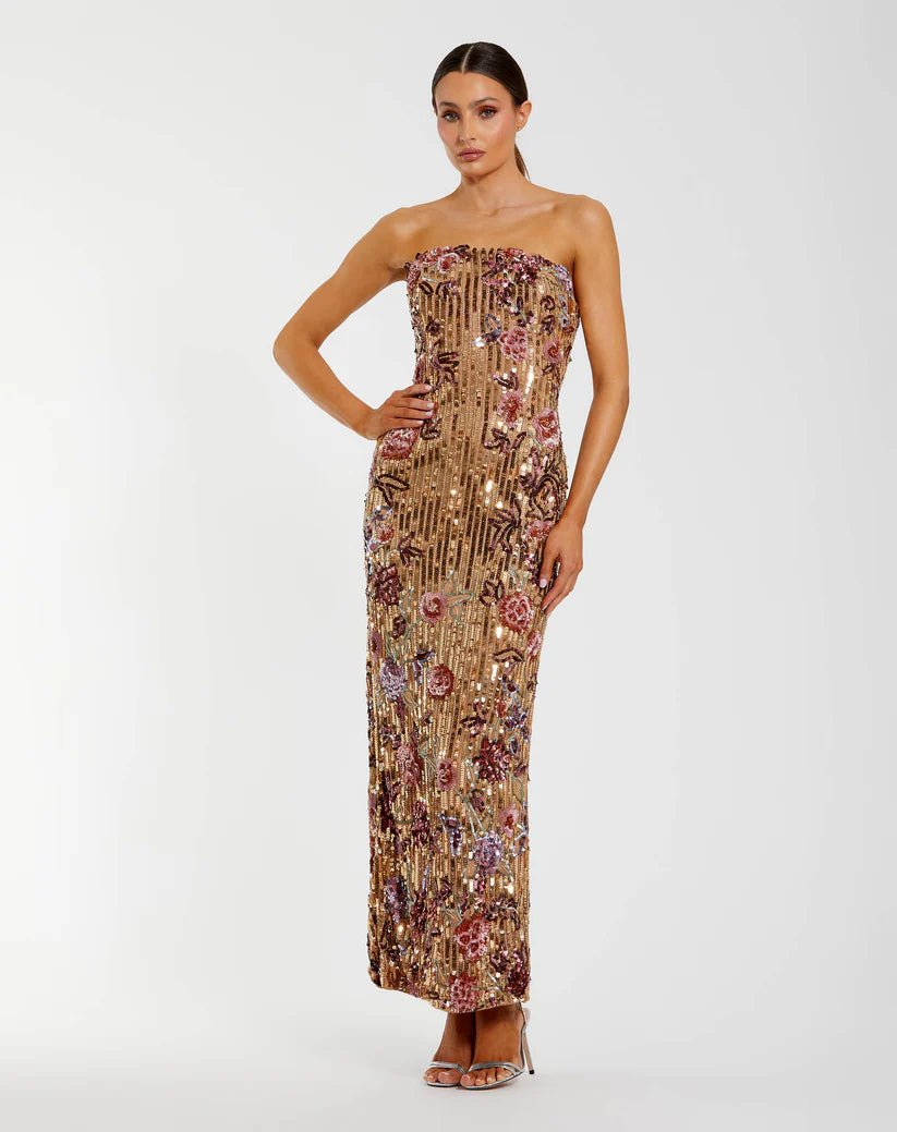 Mac Duggal Gold Floral Embellished Strapless Column Dress - Dani Dyers