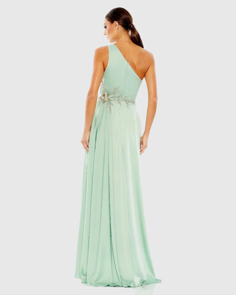 Mac Duggal Green Embellished One Shoulder Asymmetrical Gown - Dani Dyers