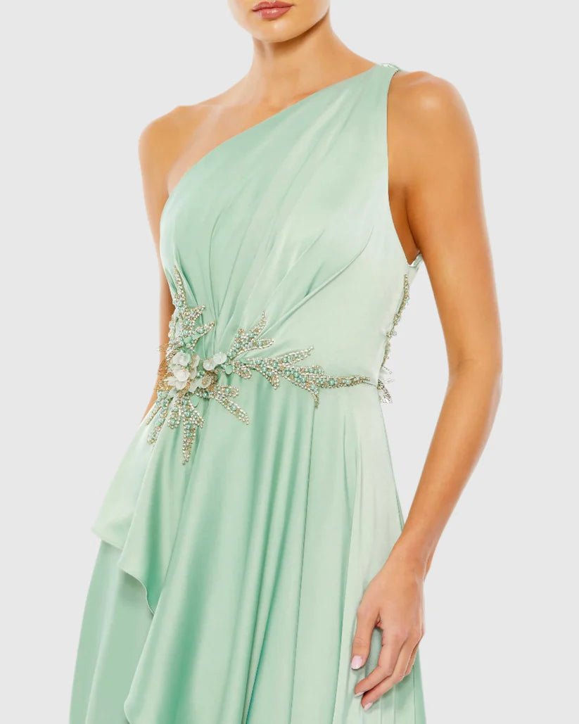 Mac Duggal Green Embellished One Shoulder Asymmetrical Gown - Dani Dyers