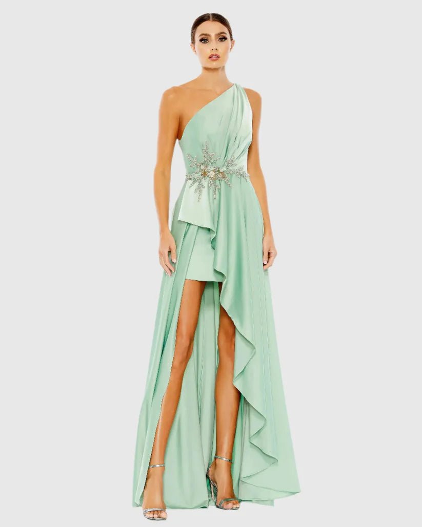 Mac Duggal Green Embellished One Shoulder Asymmetrical Gown - Dani Dyers