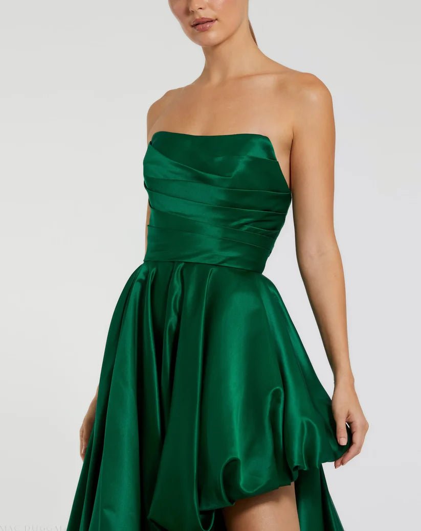 Mac Duggal Green Strapless Ruched High Low Gown - Dani Dyers