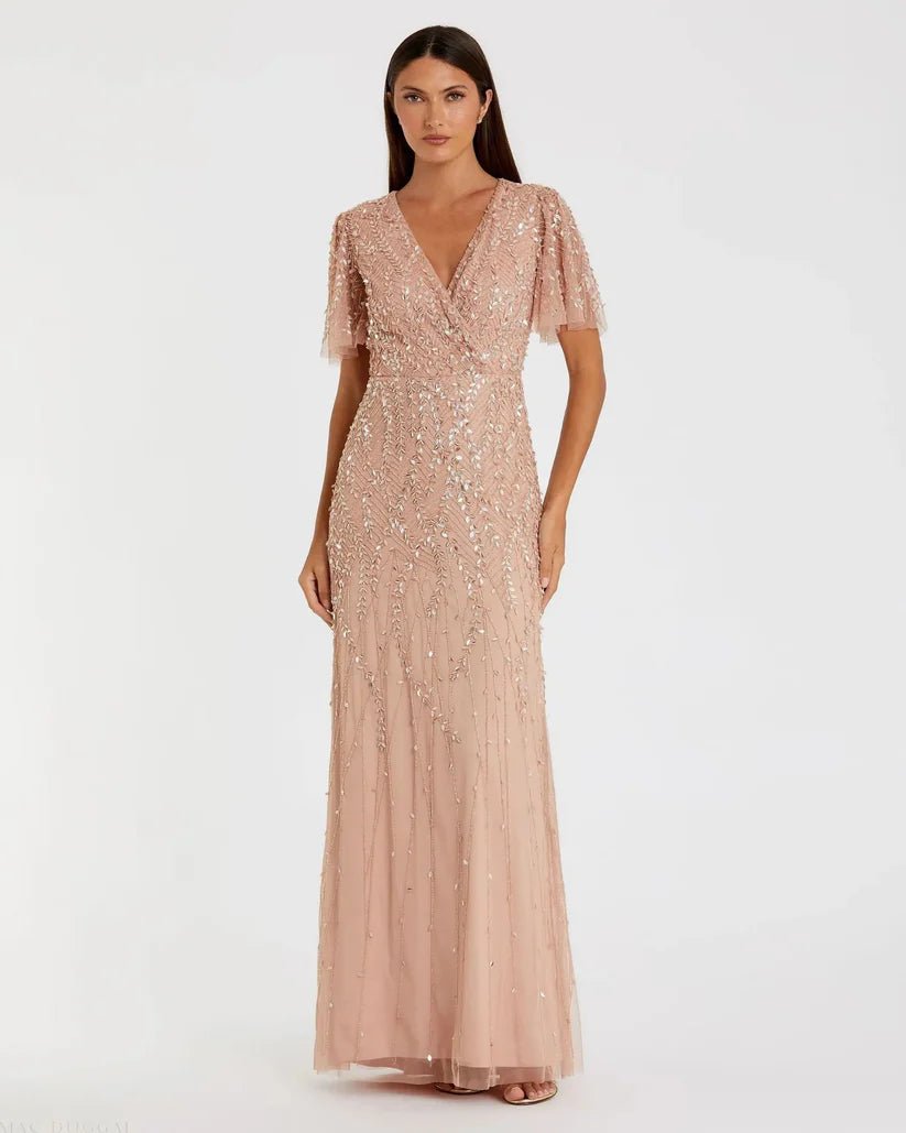 Mac Duggal Pink Embellished Flutter Sleeve Gown - Dani Dyers
