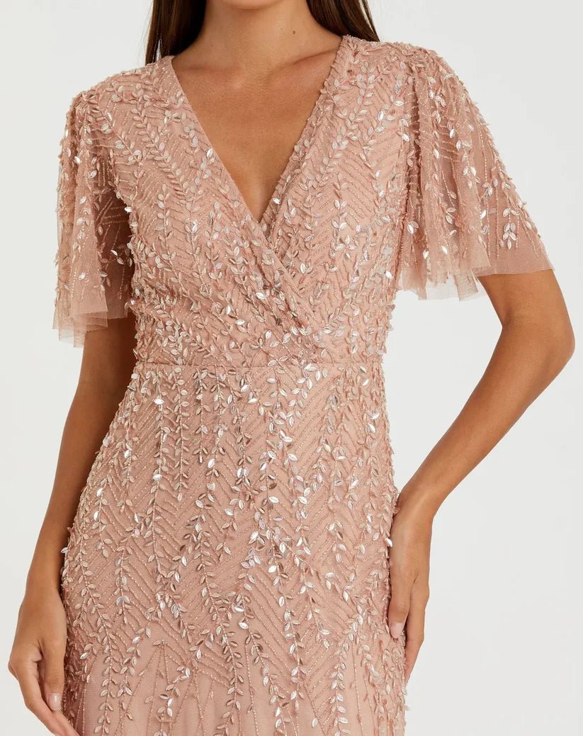 Mac Duggal Pink Embellished Flutter Sleeve Gown - Dani Dyers