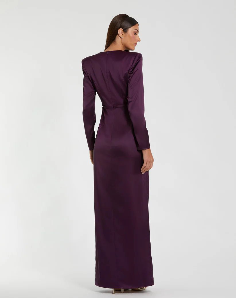 Mac Duggal Purple Long Sleeve Structured Bow Draped Column Gown - Dani Dyers