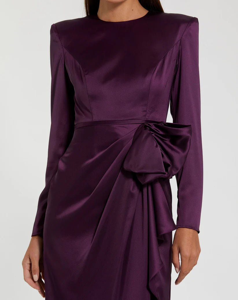 Mac Duggal Purple Long Sleeve Structured Bow Draped Column Gown - Dani Dyers