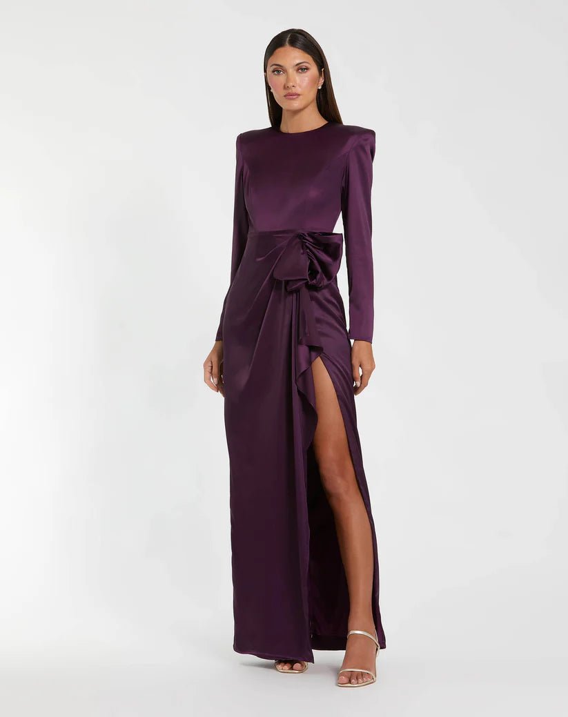 Mac Duggal Purple Long Sleeve Structured Bow Draped Column Gown - Dani Dyers