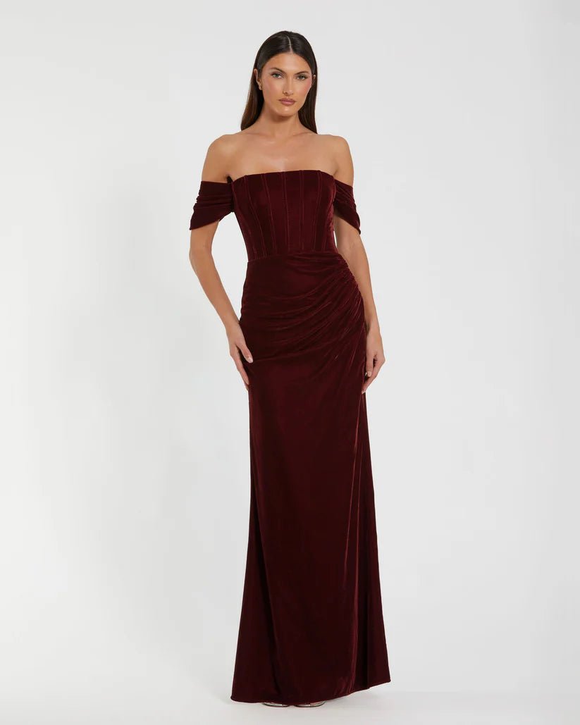 Mac Duggal Red Off - the - Shoulder Velvet Bustier Gown - Dani Dyers