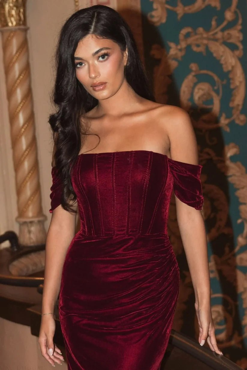 Mac Duggal Red Off - the - Shoulder Velvet Bustier Gown - Dani Dyers